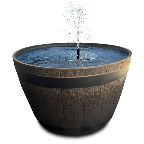 Solarbrunnen Set - 51 cm Holzfass-Optik für Garten und Terrasse - Wasserspiele mit komplettem Solarbrunnen Set, inklusive schwimmender Fontäne und 5 Sprühaufsätzen. Ideal für Vogelbäder und entspannende Dekoration im Freien.