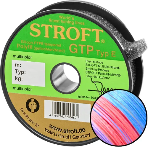 Stroft Schnur GTP Typ E geflochten multicolor 200m - Angelschnur GTP Typ E: Hohe Oberflächenglätte und Geräuscharmut beim Wurf, ideal für Sportfischer, die Wert auf leises Angeln legen.