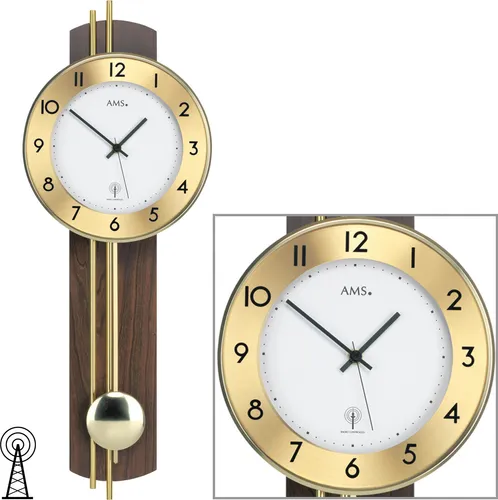 AMS Wanduhr 5266/1 Funkuhr mit Pendel - Elegante Funkuhr in Nussbaum mit Messingrahmen, automatischer Zeit- und Pendelbewegung, ideal für stilvolle Wohnräume.