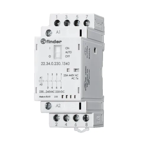 Finder Installationsschütz 22.34.0.230.4340 - Leistungsschalter mit 4 Schließerkontakten, ideal für zuverlässige Steuerung bei 230V AC/DC, kompakt im Reiheneinbau und brummfrei für störungsfreien Betrieb.