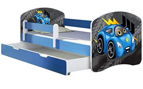 ACMA Kinderbett Jugendbett mit Einer Schublade und Matratze Blau mit Rausfallschutz Lattenrost II 140x70 160x80 180x80 (04 Blaue Auto, 160x80 + Bettkasten)