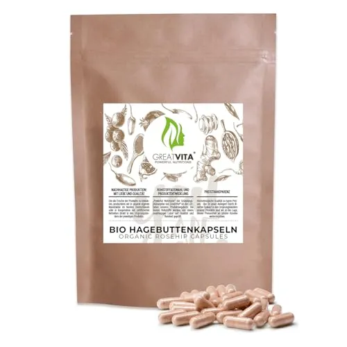 GreatVita Bio Hagebutten Kapseln 420 Stück | 500mg/Tabletten Hagebuttenpulver - 3000mg Tagesdosis | 100% rein ohne Zusätze | Laborgeprüft EU-Anbau (DE-ÖKO-037)