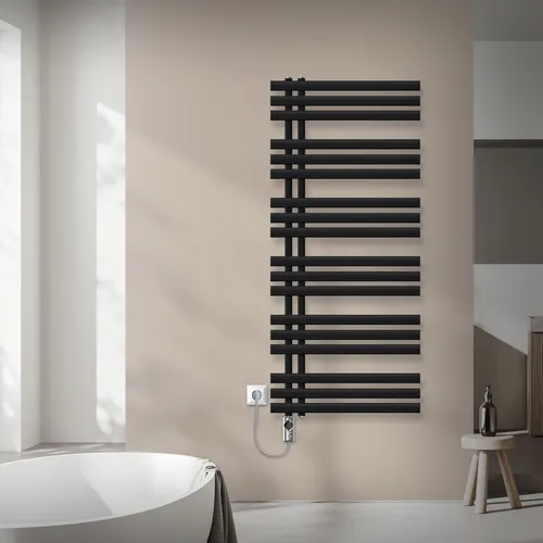 LuxeBath Handtuchheizkörper 60x140 cm mit 1200W Heizstab - Eleganter Handtuchheizkörper in Schwarz matt, ideal für Ihr Bad. Er kombiniert Heizfunktion und Handtuchhalter, bietet effiziente Wärme und kommt mit komplettem Montageset.