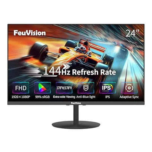 FeuVision 24 Zoll PC Monitor, 144Hz, FHD 1080p, Gaming Monitor, 4ms, IPS, VESA montierbar, Eye-Care, Rahmenlos Bildschirm, Blaulichtfilter, HDMI, DP