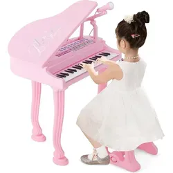 COSTWAY Kinder Keyboard mit 37 Tasten & Hocker, elektronische Klaviertastatur tragbar mit Mikrofon, LED-Lehrmodus, Aufnahme- & Wiedergabefunktion, ...