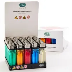 TOM Reibrad Feuerzeuge 2x 50er Display Set 5 Farben Nachfüllbar mit Feuerstein Soft Flame