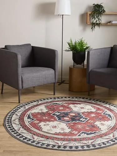 Interiyou Vintage Teppich Wohnzimmer Gent - 120x120 cm Rund Multicolor/Blau - Für Schlafzimmer, Esszimmer, Kinderzimmer - Kurzflor waschbar und rutschfest, Print Muster