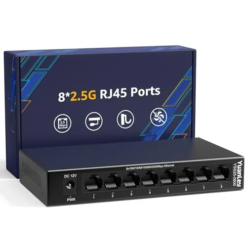 YuanLey 8-Port 2,5G Ethernet Switch, Multi-Gig 2,5Gbps Netzwerk-Switch Unmanaged mit 8 x 2,5GbE RJ45 Ports, Plug & Play, Desktop/Wandmontage, Lüfterloser Metall-LAN-Switch für NAS, WiFi 6 AP