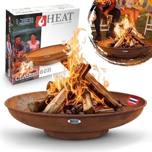 HEAT Outdoor Living Feuerschale 60 cm Ø Rost - BBQ Feuerschalen für den Garten - Feuerstelle Outdoor & Feuertonne - Feuerkorb für den Garten - Feuerschale Klein aus Stahl - 60x60x16cm