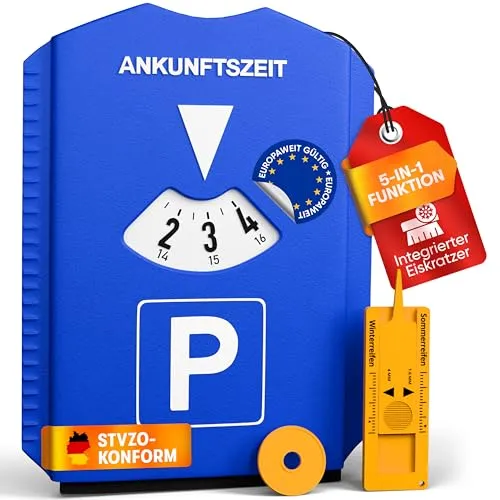 PURAHELP® 5-in-1 Parkscheibe inkl. Einkaufswagenchip, Reifenprofilmesser und Eiskratzer (StVO konform) - Parkuhr Auto und Motorrad - Parkkarte - Parking disc