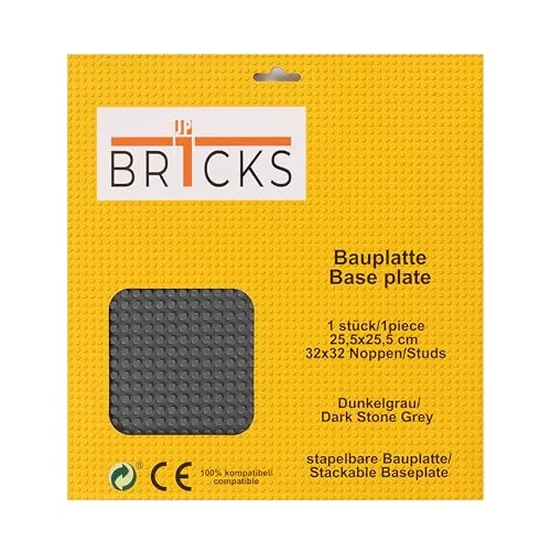 JP BR1CKS Bauplatte, 32x32 (25,5 x 25,5 cm) 1 Klemmbausteinplatte, Kompatibel mit allen führenden Marken, beidseitig bebaubar, Platte (dunkelgrau)