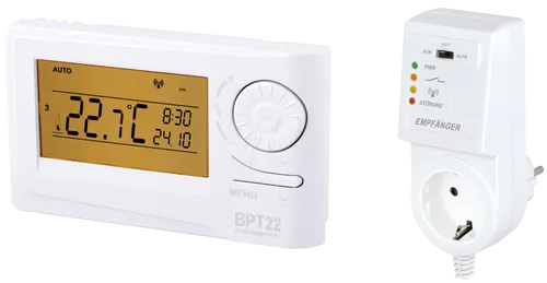 EB BPT22 Raumthermostat - Funkthermostat mit 35 m Reichweite - Heizkörperthermostat mit großem, beleuchtetem Display für einfache Bedienung. Ideal zur Steuerung von Heizsystemen, mit programmierbaren Temperaturen und Frostschutzfunktion.