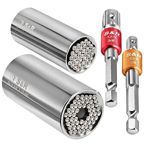 S&R Universal Steckschlüssel Set 4-tlg - Ratschenschlüssel Set mit 2 Multifunktionsnüssen (5-14 mm & 7-19 mm) und 2 Sechskant-Adaptern, ideal zum Lösen von Muttern und Schrauben, sogar bei beschädigten Teilen.