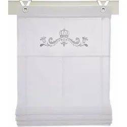 Kessy Crown Raffrollo, Weiß mit Stickerei - Elegantes Raffrollo aus Baumwolle im Shabby Vintage Look, mit hochwertiger Krone bestickt. Lichtfilternder Stoff für Tageslicht und Sichtschutz, einfach ohne Bohren zu montieren.