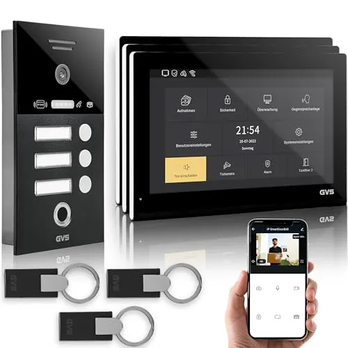 GVS Video Türsprechanlage 3 Familienhaus RFID + Fingerprint - 3x10 Monitor