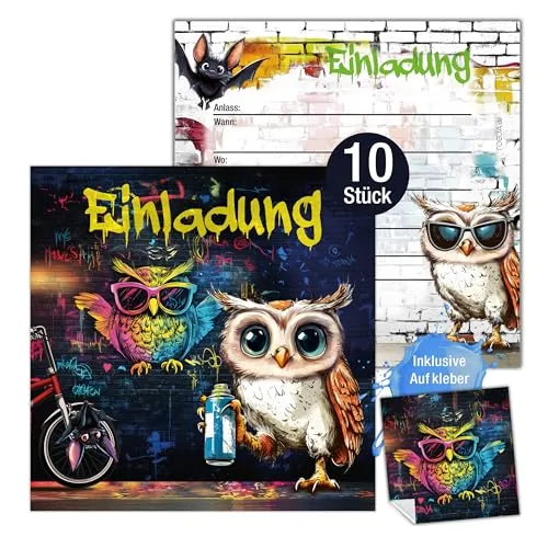 TOBJA 10x Einladungskarten Kindergeburtstag Mädchen & Jungen Graffiti Eulen Design XXL 15 x 15 cm | mit Stickern & Umschlägen | Geburtstagseinladungen für Teenager & Kinder (ohne Umschläge)