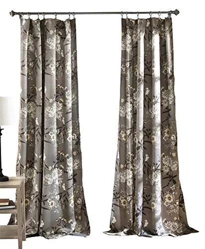 Lush Decor Botanische Gartenvorhänge, Blumen-Vogel-Druck, Lichtfilterung, Fenstervorhänge-Set für Wohnzimmer, Esszimmer, Schlafzimmer, Grau, 132 cm B x 244 cm L
