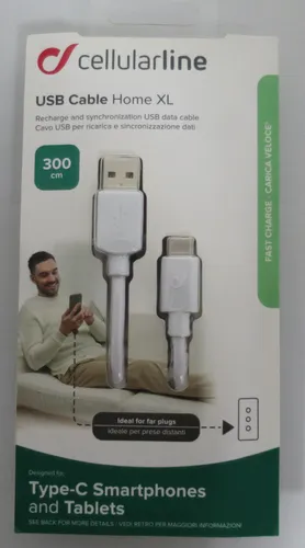 USB-C Ladekabel Schnell-Daten Cable Für Handy Tablet Cellularline 3m weiß XL