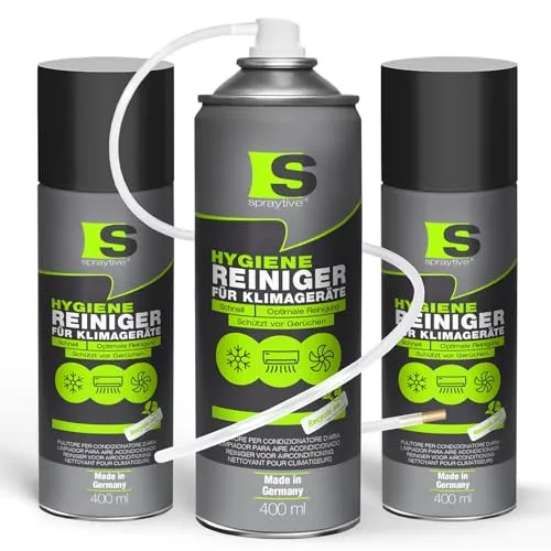 Spraytive 3 x 400ml Klimaanlagenreiniger – Erfrischender Hygiene Spray für Auto & Haus - Ideal für die Reinigung von Klimaanlagen in Fahrzeugen und Wohnräumen. Der Spray neutralisiert unangenehme Gerüche und sorgt für eine hygienische Frische. Mit präzisem Applikationsschlauch für schwer erreichbare Stellen.