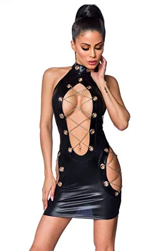SARESIA Damen 18249-002-025 Kleid für Besondere Anlässe, Schwarz, M EU - Erotisches Wetlook-Minikleid mit tiefem Ausschnitt, eingestanzten Ösen und verführerischen Cutouts, ideal für unvergessliche Nächte.