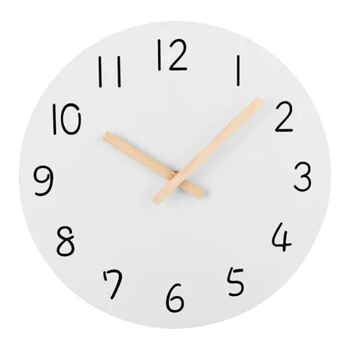 Plumeet 30cm Holz Wanduhr Rahmenlose Wanduhr mit Geräuschlosem Quarzwerk, Moderner Minimalistischer Stil Weiße Uhr Dekoration Wohnzimmer Schlafzimmer Küche, Batteriebetrieben (Weiß)