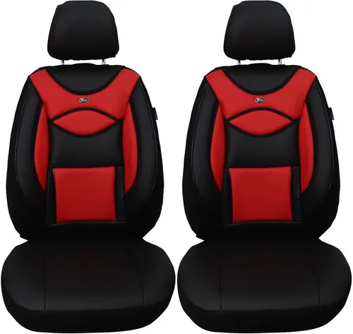 BREMER SITZBEZÜGE Autositzbezug für BMW X5 E53 (1999-2006), 2-tlg. Set, Schwarz/Rot - Hochwertige Schonbezüge für Fahrer- und Beifahrersitz, hergestellt aus pflegeleichtem Kunstleder und Polyester. Ideal für Fahrzeuge mit oder ohne Sitzheizung und Seitenairbags.