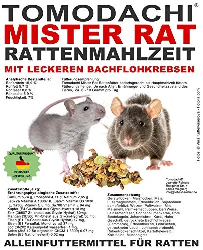 Rattenfutter, Rattennahrung, Alleinfutter für Ratten mit tierischen Proteinen (Bachflohkrebse), leckerem Gemüse, Körnern und Saaten, Ratten Hauptfutter, Tomodachi® Mister Rat Rattenmahlzeit 5kg Sack