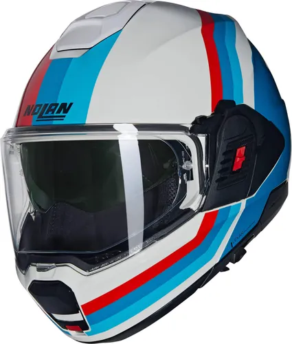 Nolan N120-1 N-Com Lineo 347 Motorradhelm - Weiß/Blau/Rot, Größe XXL (63) - Motorradhelm für Onroad-Fahrten, ECE-zugelassen, mit kratzfestem Visier und integriertem Sonnenvisier für optimalen Komfort.