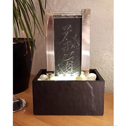 KÖHKO® Tischbrunnen Teezeremonie 25009 - Eleganter Zimmerbrunnen aus Schiefer und Edelstahl mit LED-Beleuchtung, ideal für entspannende Atmosphäre in Wohnräumen oder auf Terrassen.