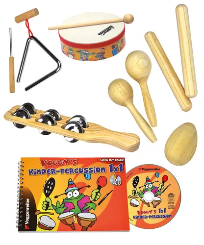 Voggy's Percussion-Set - Vielseitiges Percussion-Set für Anfänger, aus hochwertigem Holz und Metall, perfekt für kreative Musikeinsteiger und kleine Musiker.