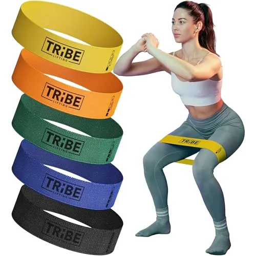 Tribe Widerstandsbänder für Gewichtheben, 5er-Pack, Übungsband für Zuhause, Fitness, Crossfit, Stretching, Krafttraining, Physiotherapie, 30,5 x 5,1 cm, Yellow, Green, Red, 12