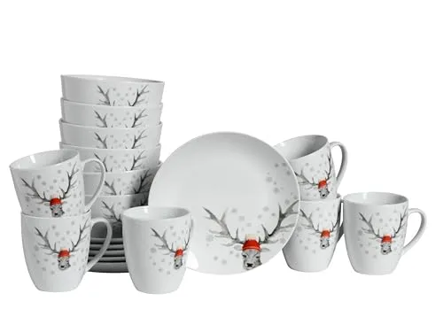 CreaTable 21498 Serie Luna Hirsch - 18-teiliges Geschirrset für 6 Personen - Tafelservice mit skandinavischem Design, spülmaschinen- und mikrowellengeeignet, ideal für ein elegantes Frühstück mit Hirschmotiv.