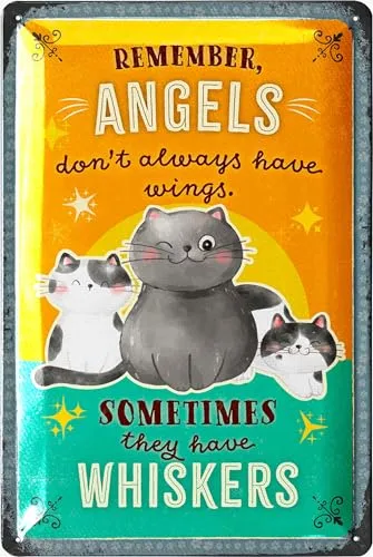 LANOLU Retro Blechschild Katzen Deko, Schild Katze Angels don't always have Whiskers, Deko Katze, Katzen Deko Geburtstag, Katze Deko, 20x30cm