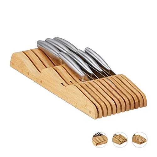 Relaxdays Messerblock Schublade, liegend, Bambus, für 11 Messer, HBT 5x14,5x40 cm, Schubladeneinsatz, Natur, 10020296_60