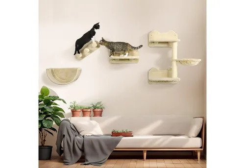 PawHut Katzen Kletterwand 4 TLG. - Platzsparender Wandkratzbaum - Aktivitätskratzbäume: Diese 4-teilige Katzen-Kletterwand bietet Sisal-Kratzflächen und eine gemütliche Liegeschale, ideal für Katzen bis 5 kg, um zu klettern, zu entspannen und Möbel zu schützen.