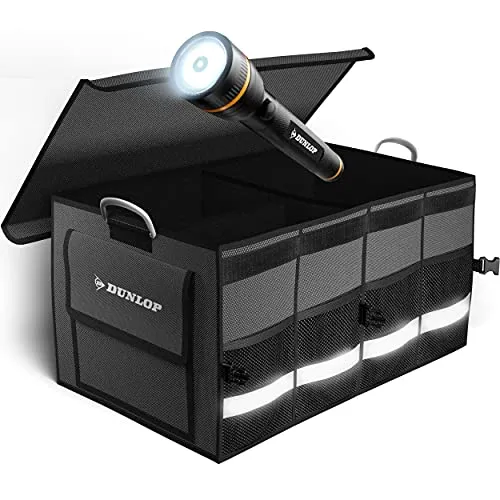 Dunlop Kofferraumtasche - Faltbare Auto Organizer Box mit Notfall Taschenlampe - Kfz-Kofferraum-Ordner mit variablen Fächern und wasserdichtem Design. Immer alles ordentlich verstaut und eine Notfall Taschenlampe für zusätzliche Sicherheit.