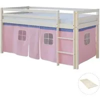 Homestyle4u Hochbett Kinderbett mit Vorhang in Weiß-Rosa - Hochbett für Kinder mit viel Stauraum und abnehmbarem Vorhang, ideal für Abenteuer im Zimmer. Inklusive Rolllattenrost für erholsamen Schlaf.