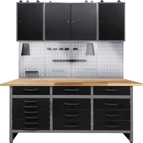Ondis24 Werkstatt Set Konny 160 cm - Komplettlösung für Ihre Werkstatt - Werkstatteinrichtung mit 1 Werkbank und 3 Schränken, inklusive LED-Beleuchtung. Hochwertige Materialien und durchdachtes Design sorgen für optimale Ordnung und Funktionalität.