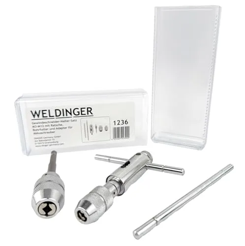 WELDINGER Gewindebohrer Halter Ratsche für Akkuschrauber M3-M12 - Sechsteiliger Gewindebohrerhalter-Satz für Akkuschrauber. Inklusive zwei Verlängerungen und Adapter für vielseitige Anwendungen im Handbetrieb. Ideal für präzises Arbeiten!