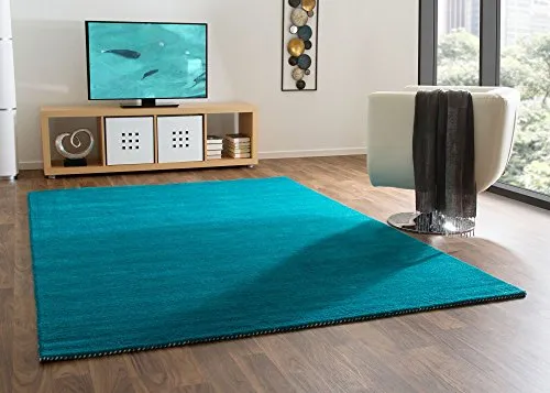 Steffensmeier Gabbeh Teppich Nomade | Wolle (Schurwolle), Türkis, Größe: 80x150 cm Kurzflor Teppich für Wohnzimmer, Flur, Ethno Look