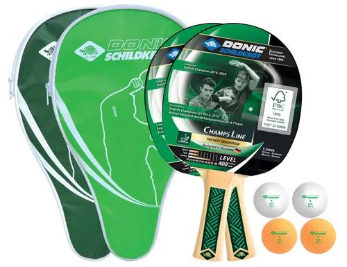 Donic-Schildkröt Tischtennis-Cover-Set Champs Line 400 - Tischtennisschläger-Set für 2 Spieler mit 2 Schlägern, 2 Schlägerhüllen und 4 Bällen. Ideal für Freizeitspieler mit solider Technik und optimaler Ballkontrolle.