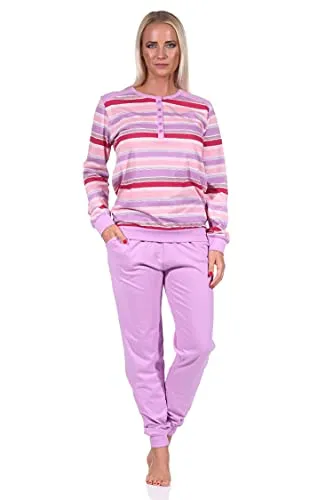 Damen Schlafanzug Pyjama mit Bündchen, geringeltes Oberteil - auch in Übergrössen - 62897, Farbe:lila, Größe:36