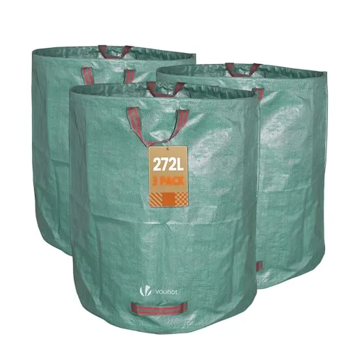 VOUNOT® Gartenabfallsack 272 Liter, 3er Gartensäcke für Grünabfall, Selbststehend und Falt, Laubsack Selbstaufstellend aus robustem Polypropylen-Gewebe (PP) 150gsm