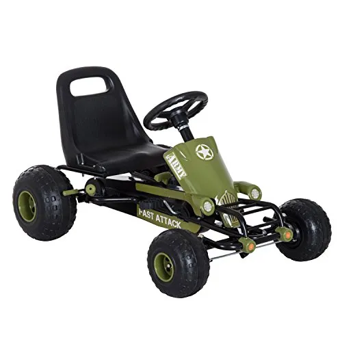 HOMCOM Go Kart Metall, Kunststoff - Tretfahrzeug mit coolem Armee-Design für stundenlangen Fahrspaß im Freien, sicherer Kettenantrieb unter Schutzblech verborgen.
