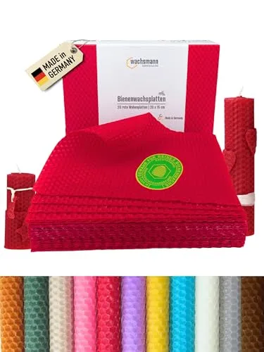 Wachsmann 20 Bienenwachsplatten - Rot - Kerzenwachs aus 100 % reinem Bienenwachs, ideal zum einfachen Selbermachen von duftenden Kerzen. Perfekt für kreativen Bastelspaß mit der Familie!