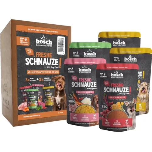Produktbild Bosch Freshe Schnauze, Aktionspaket Nassfutter 5 x 250 g, Schonend Dampfgegartes Alleinfuttermittel für Hunde, Geschmacksrichtungen: Rind, Huhn und Pute, Probierpaket, Nassfutter für Hunde