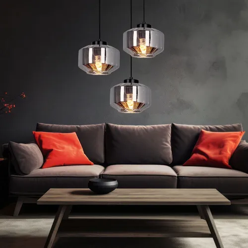 Moderne 3-flammige Pendellampe für Esstisch und Wohnzimmer - Elegante Hängeleuchte mit bauchigen rauchfarbenen Glasschirmen und höhenverstellbaren Kabeln. Ideal für stimmungsvolle Beleuchtung in jedem Raum.