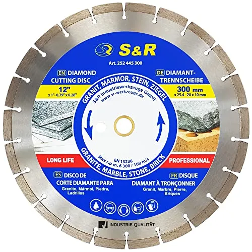 S&R Diamant-Trennscheibe 300 mm - Industrie-Qualität für Naturstein & Marmor - Diamant-Trennscheibe für Tisch- und Motortrennsägen, ideal für präzises Schneiden von Naturstein und Hartkeramik ohne Wasserkühlung, hohe Haltbarkeit und Schneidleistung.