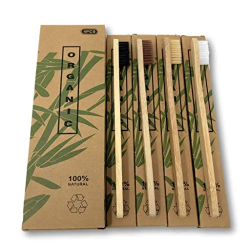 EKNA Bambus Zahnbürsten - 4er-Set Bambus Zahnbürste - Zahnbürsten aus Bambus - 2x Holzzahnbürste mittel & 2x Bambus Zahnbürste hart 100% Vegan & BPA-frei (4er-Set)