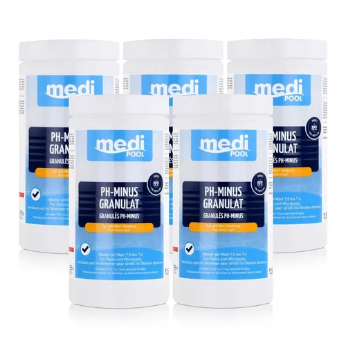 mediPOOL PH-Minus Granulat 1,5kg - Effektive pH-Wert Senkung (5er Pack) - Optimale Wasserqualität für Ihren Pool: Das PH-Minus Granulat sorgt für eine stabile pH-Wert-Balance und ist ideal für die regelmäßige Pflege Ihres Schwimmbeckens.